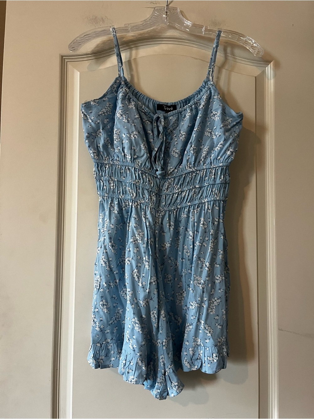 Trixxi Juniors Light Blue Floral Smocked Romper with Adjustable straps Size S